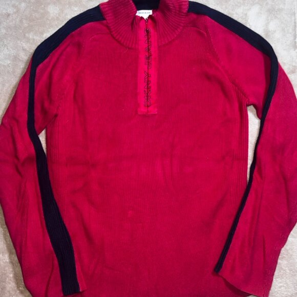 Vintage‎ DKNY Jeans Women XL Red Black 1/4 Zip Knit Pullover Sweater Y2K (P) - Picture 1 of 8